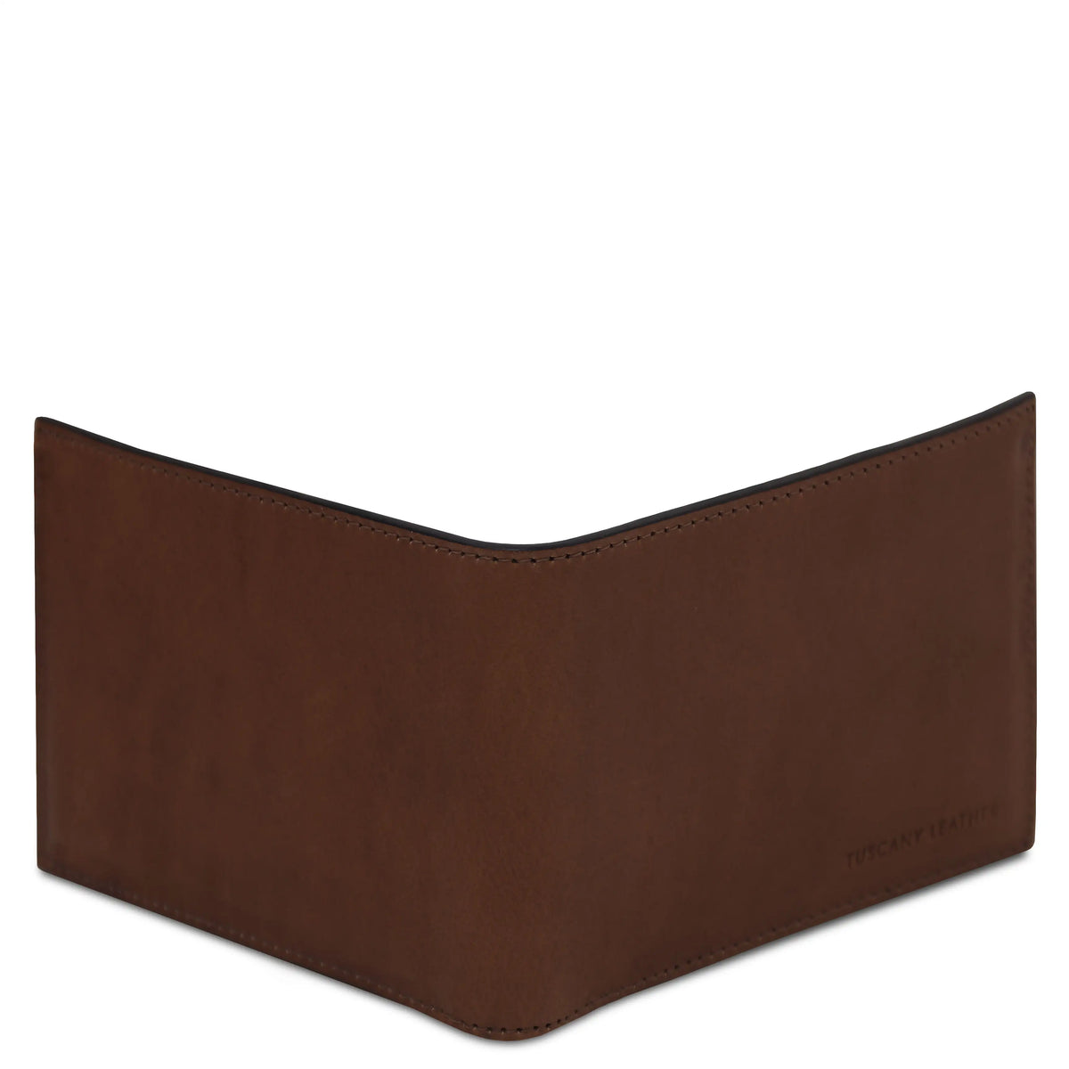 Outside view of Dark Brown leather wallet on a white background