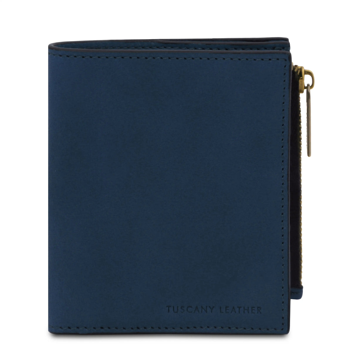 Blue leather wallet with gold zipper on a white background