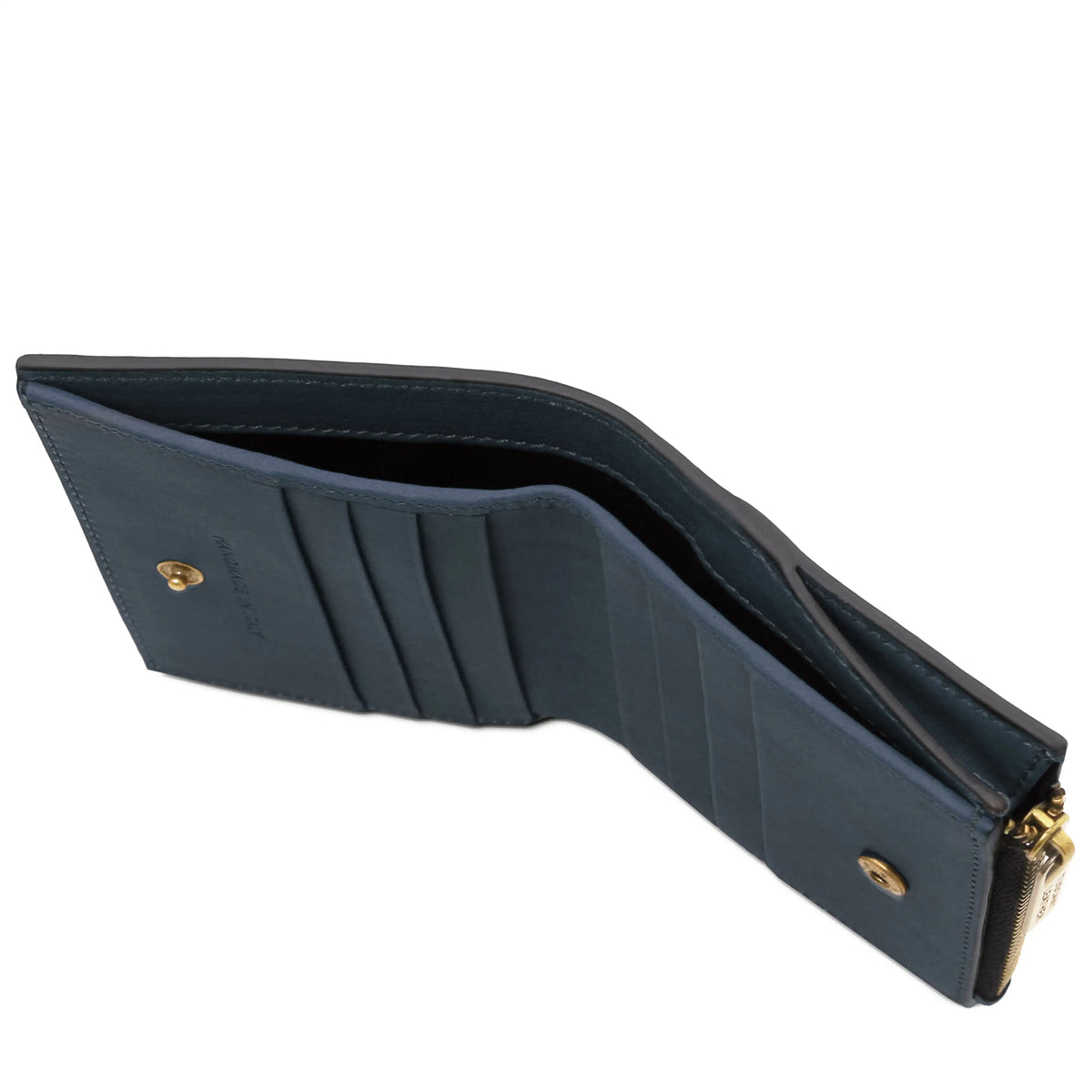 Blue wallet with gold accents and bill compartment on a white background