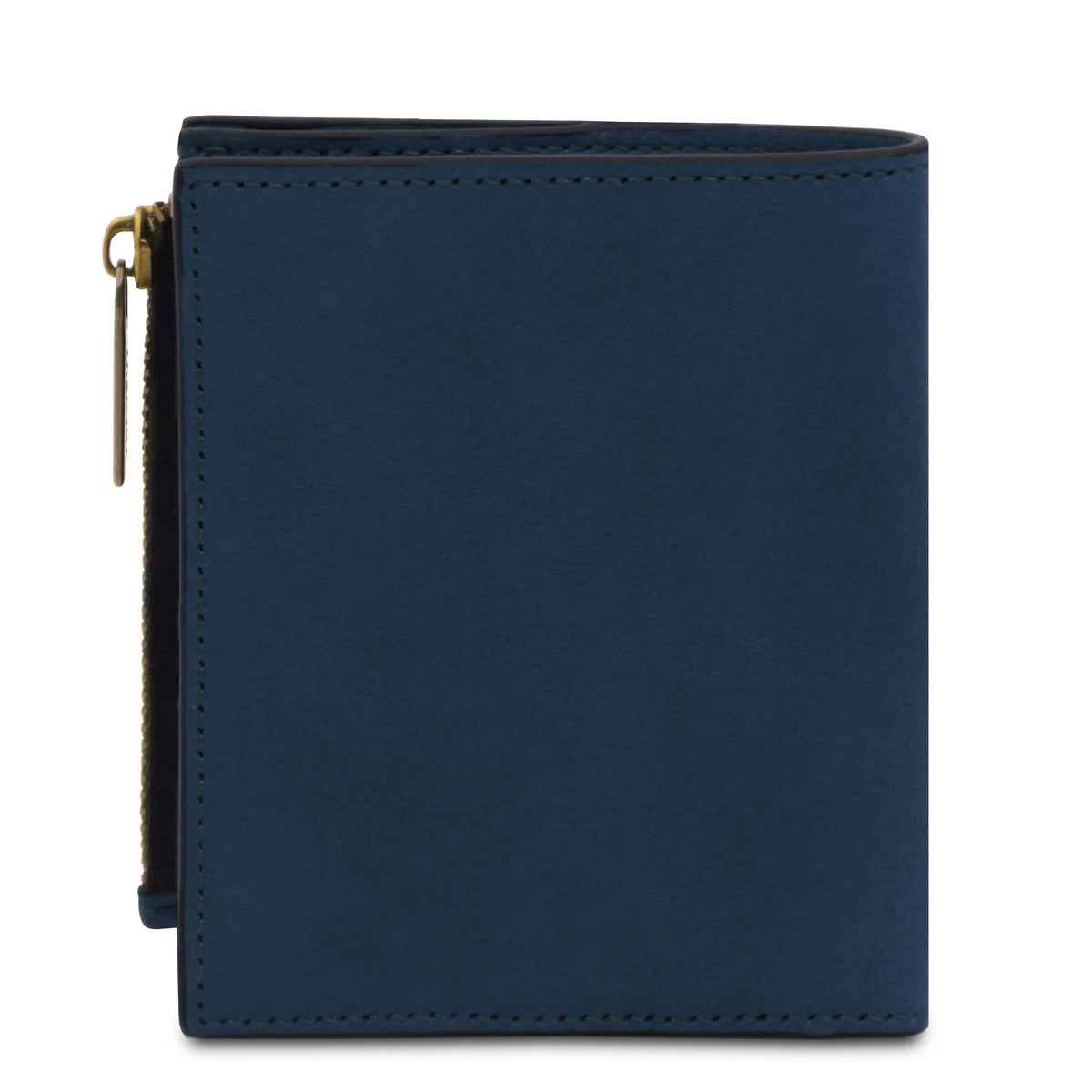Blue leather wallet with a gold zipper on a white background