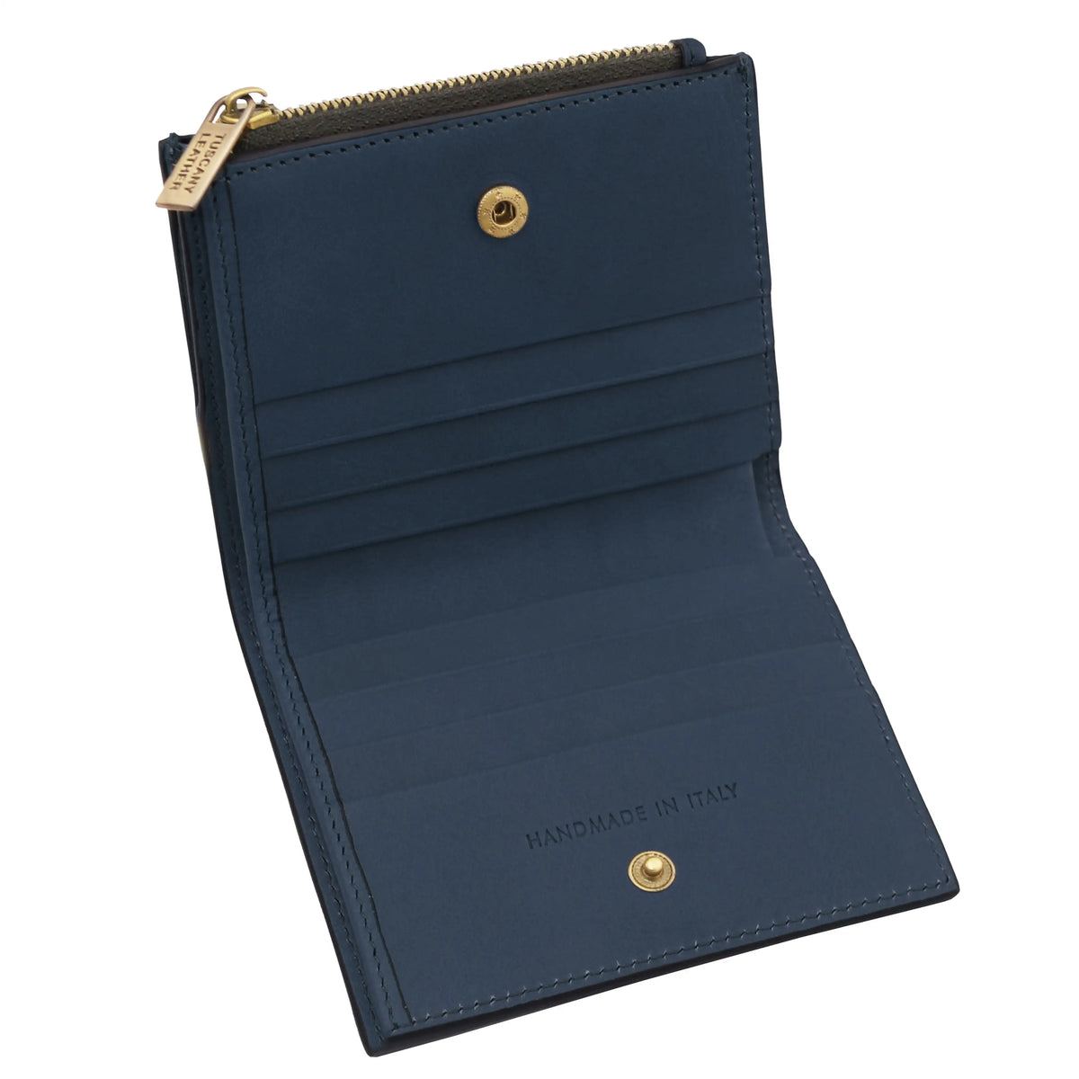 Open lue wallet with gold accents and snap closure on a white background