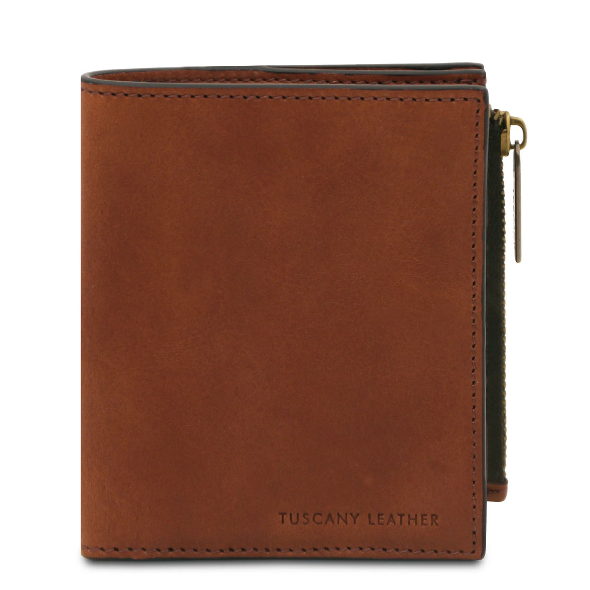 A brown leather zip-around wallet with 'TUSCANY LEATHER' embossed on the bottom right corner, shown against a plain white background.