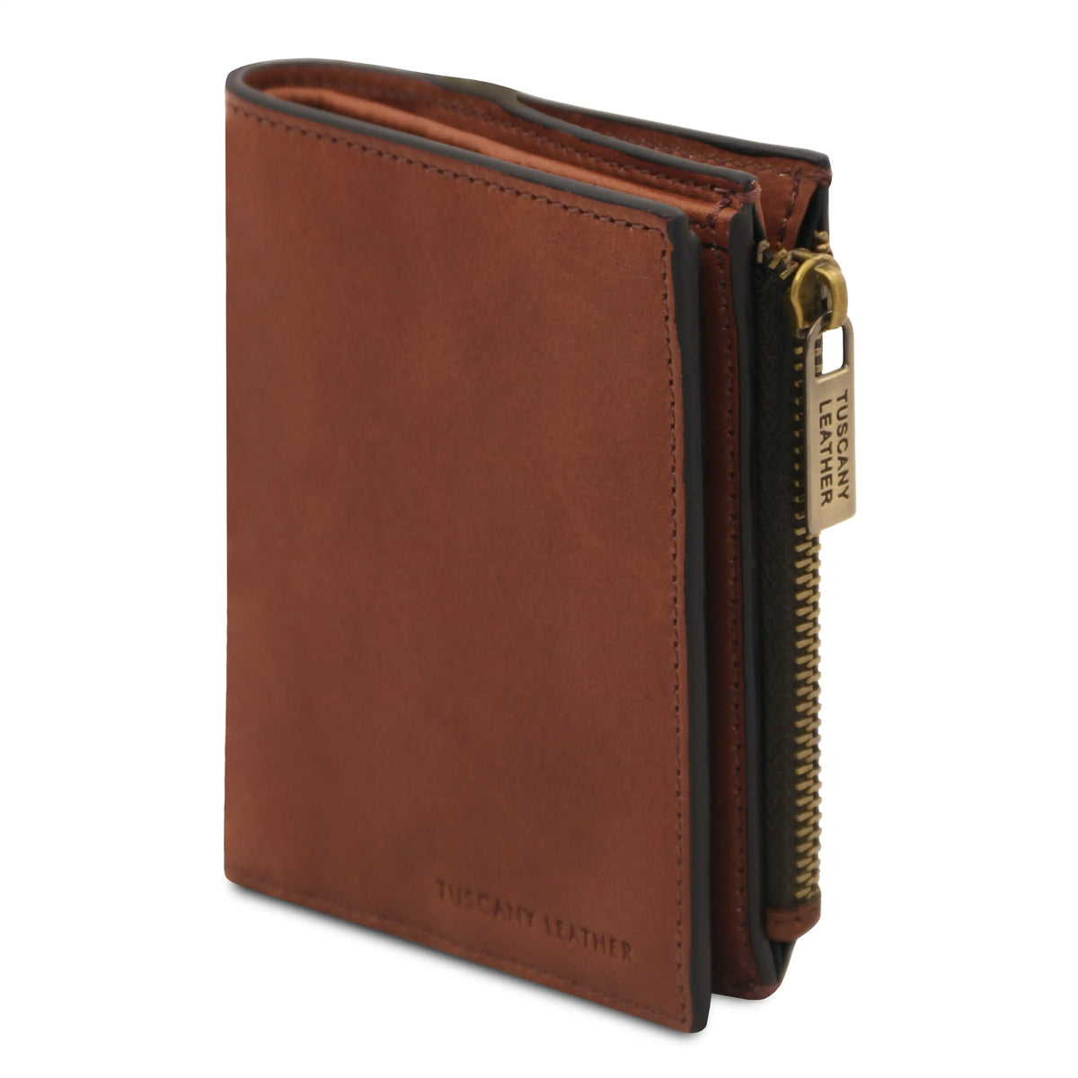 Brown leather wallet with gold zipper and visible brand name on a white background