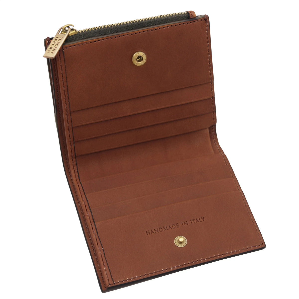Brown leather wallet with gold accents on a white background