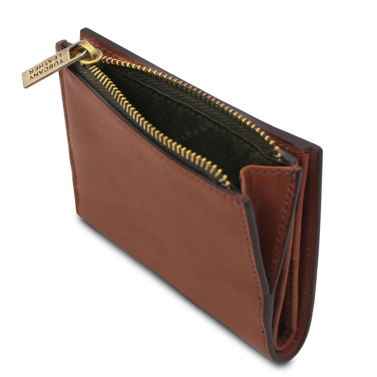 Brown leather wallet with gold zipper on a white background
