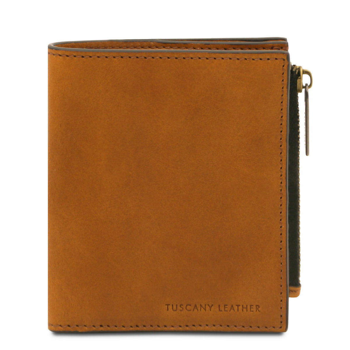 A natural leather zip-around wallet with 'TUSCANY LEATHER' embossed on the bottom right corner, shown against a plain white background.