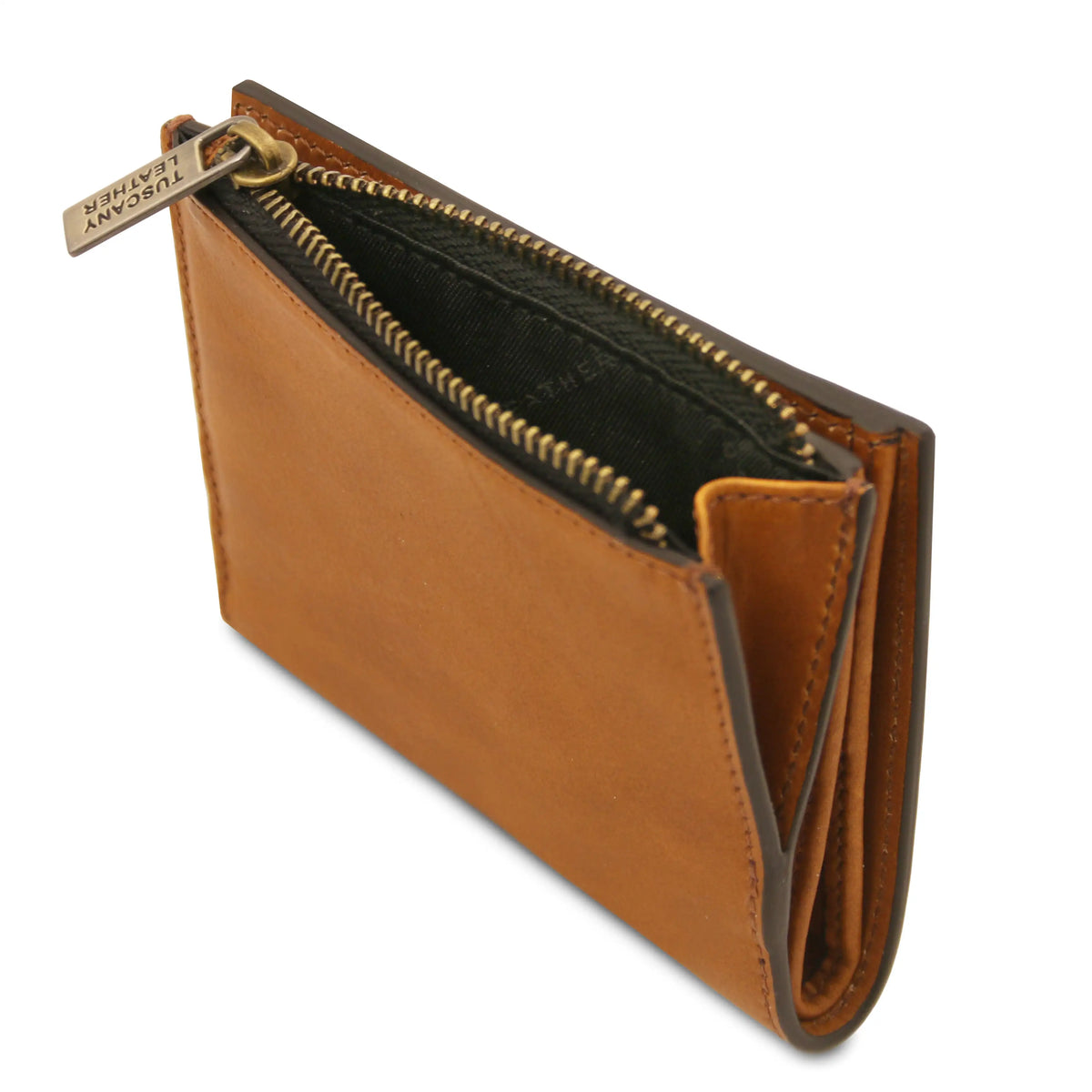 Natural leather wallet with gold zipper on a white background