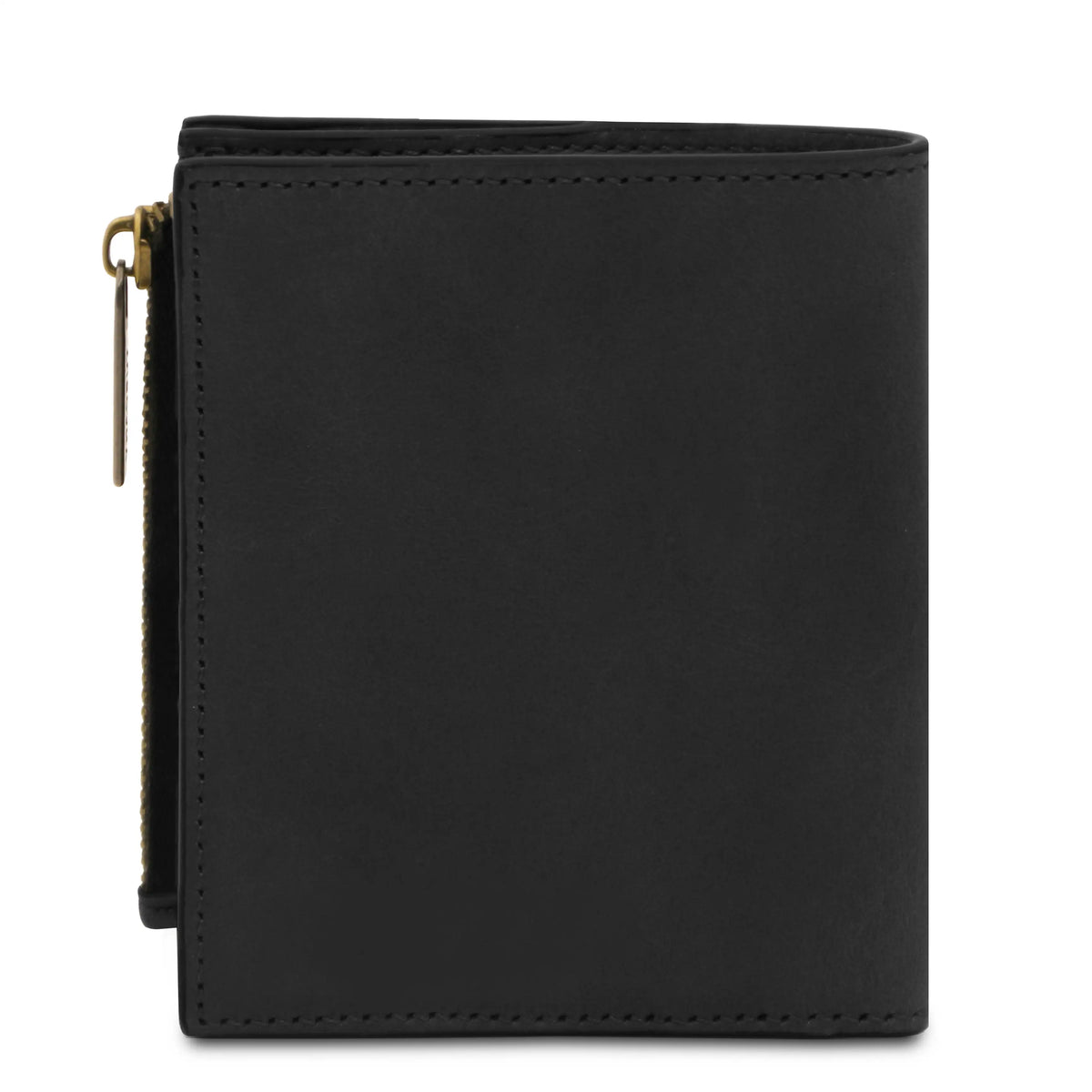 Black leather wallet with a gold zipper on a white background