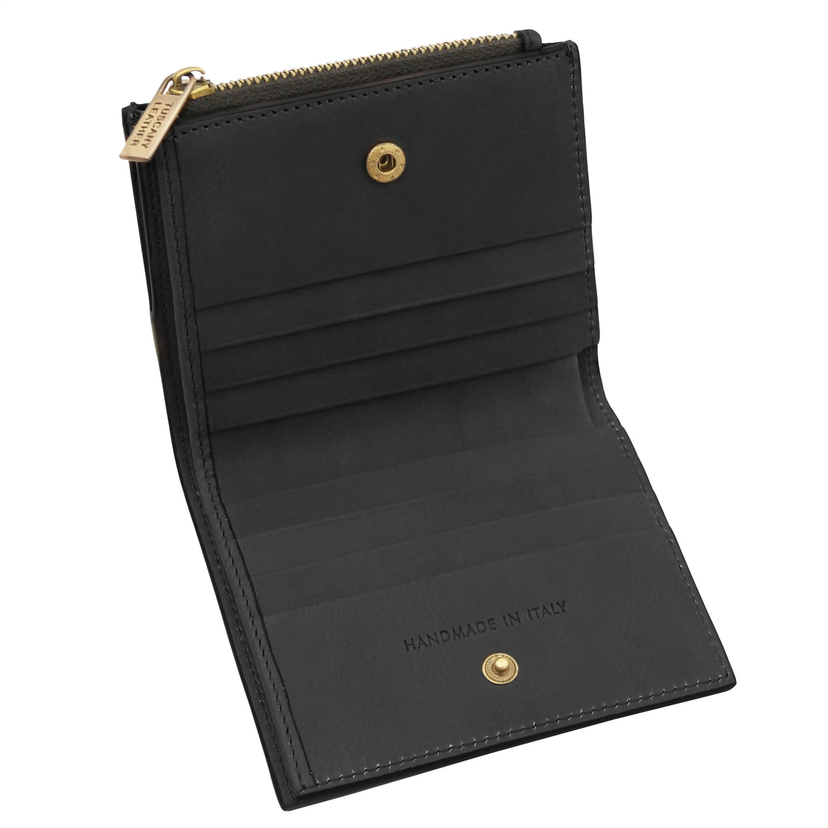 Black leather wallet with gold accents and snap compartmenton a white background