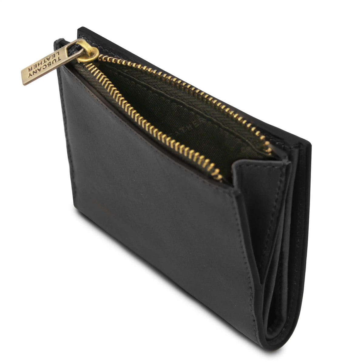 Black wallet with gold zipper on a white background