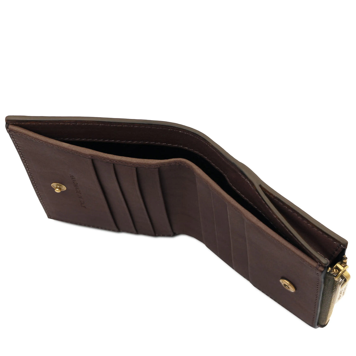 Dark Brown wallet with gold accents and currency compartment  on a white background