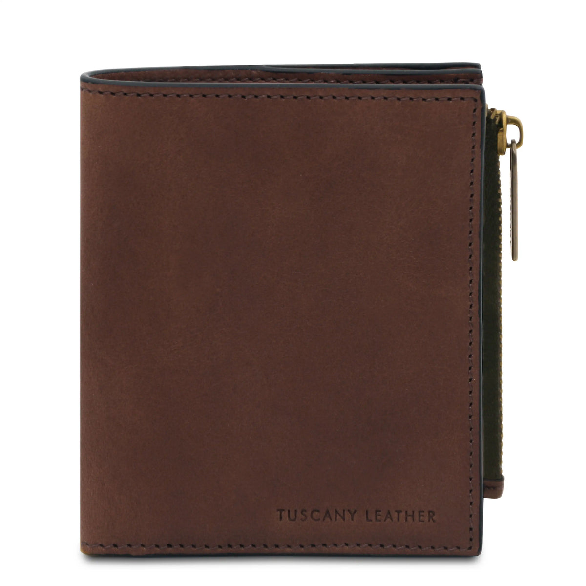 Dark Brown leather wallet with gold zipper on a white background, featuring 'Tuscany Leather' branding.