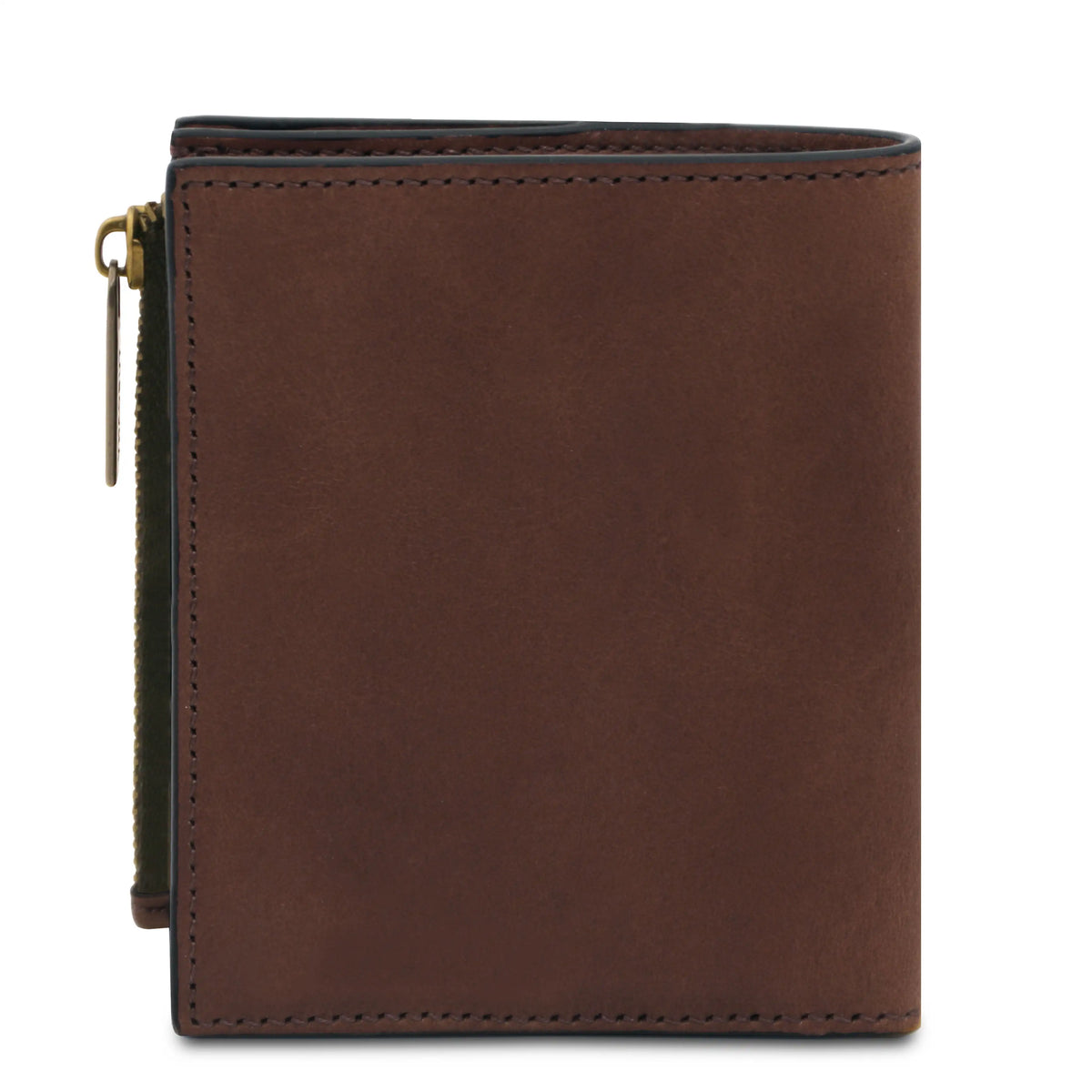 Dark Brown leather wallet with a gold zipper on a white background
