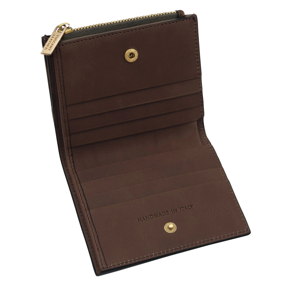 Dark Brown leather wallet with gold accents and snap closure on a white background