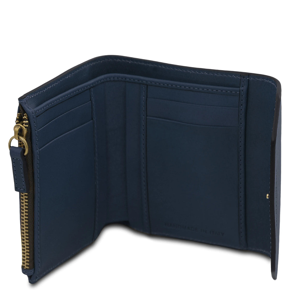 Dark Blue blue wallet with gold zipper on a white background