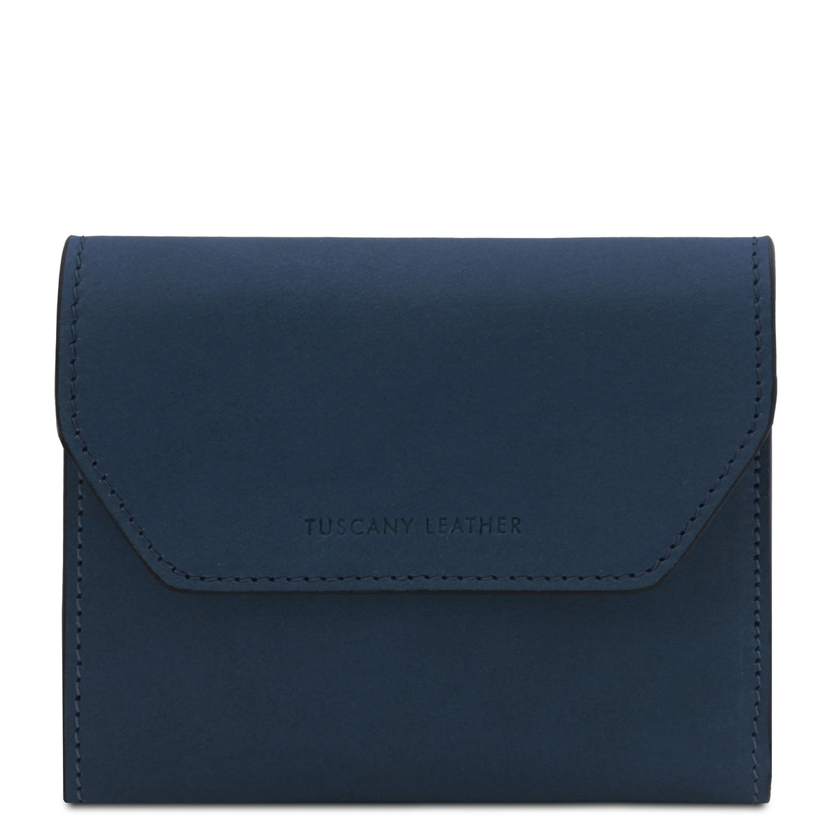 A navy blue leather wallet with a flap closure, featuring the debossed brand name 'TUSCANY LEATHER' on the front, set against a plain white background.