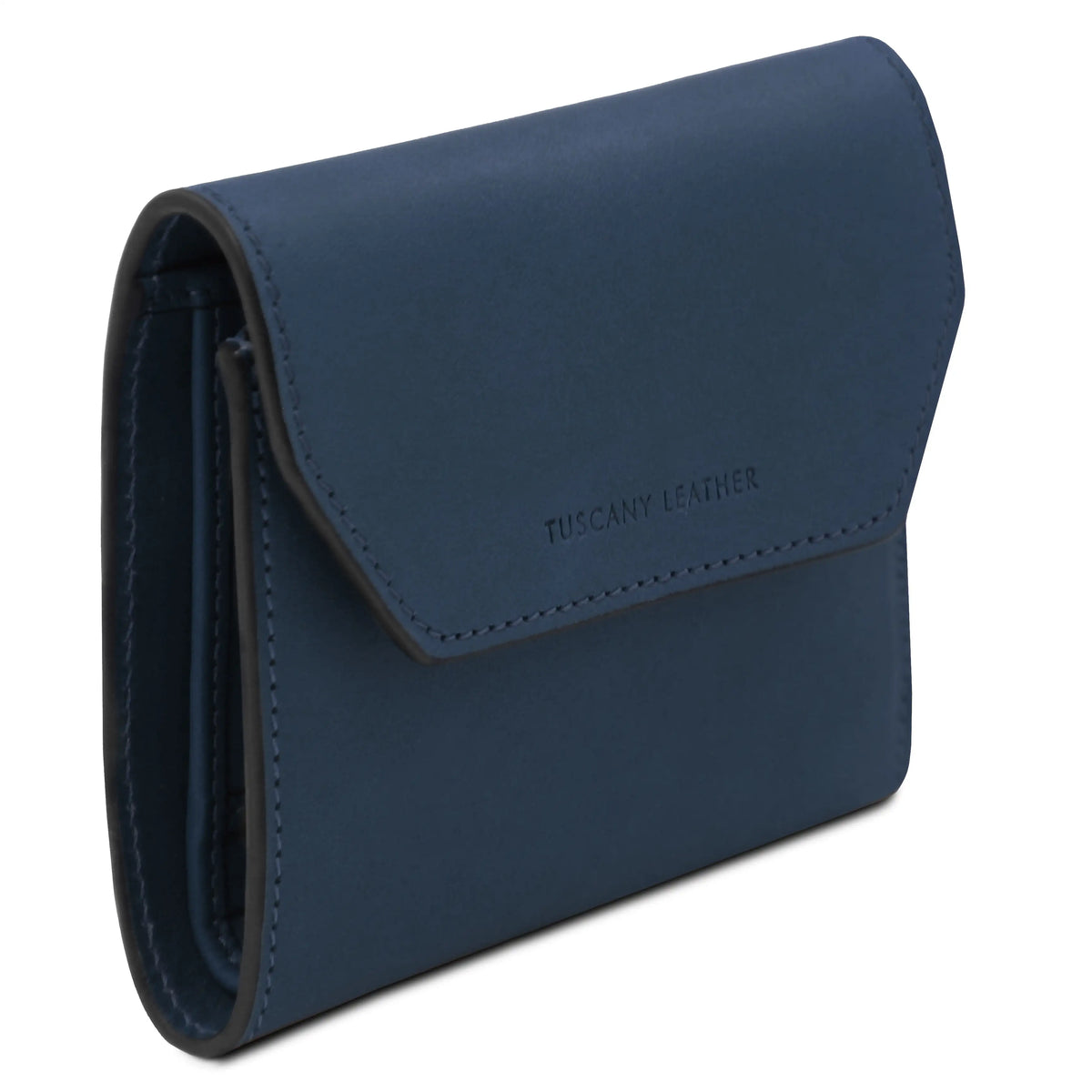 Dark Blue leather wallet with 'Tuscany Leather' branding on a white background