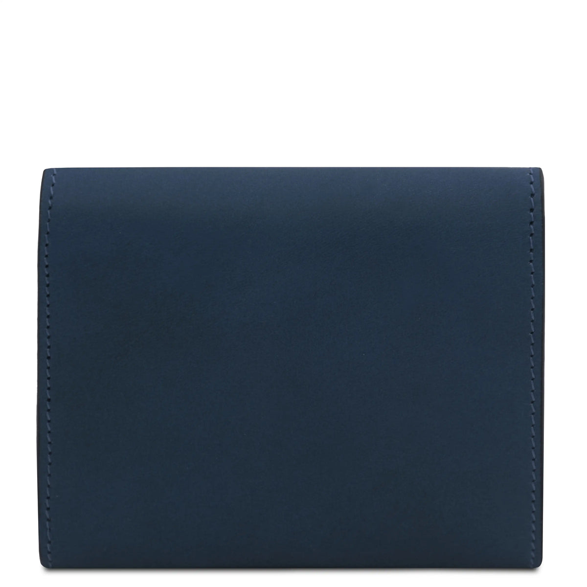 A dark blue leather bifold wallet shown from the back, photographed against a plain white background.