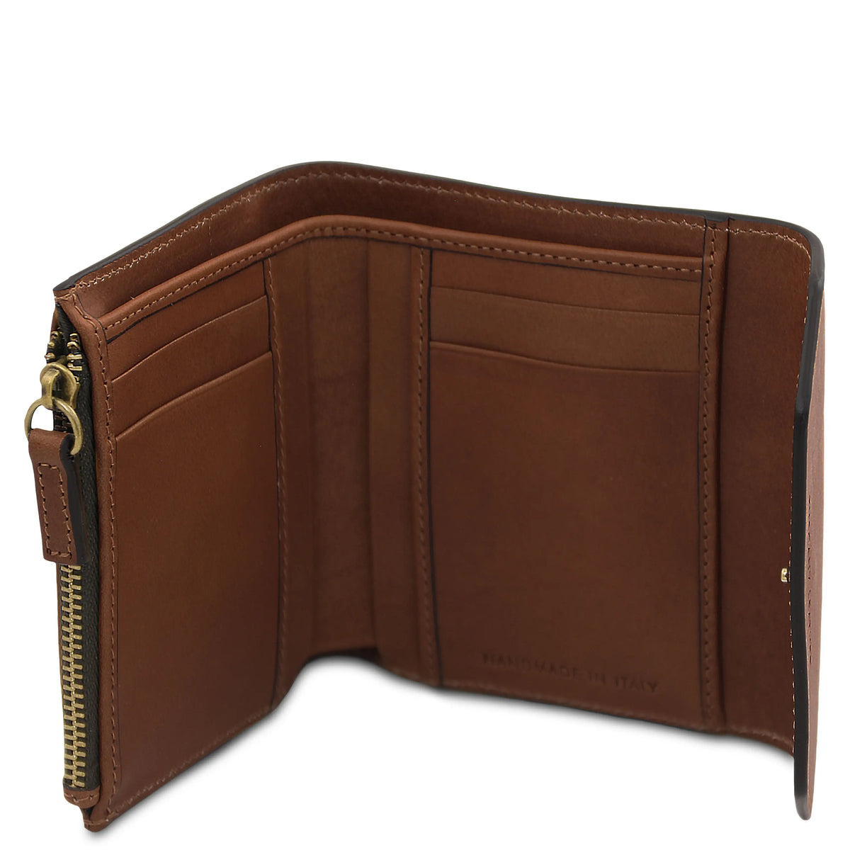Brown leather wallet with gold zipper on a white background