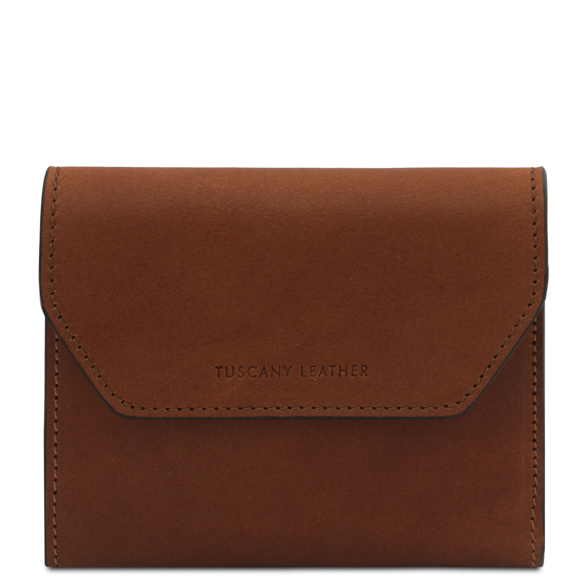 A brown leather wallet with a flap closure, featuring the debossed brand name 'TUSCANY LEATHER' on the front, set against a plain white background.