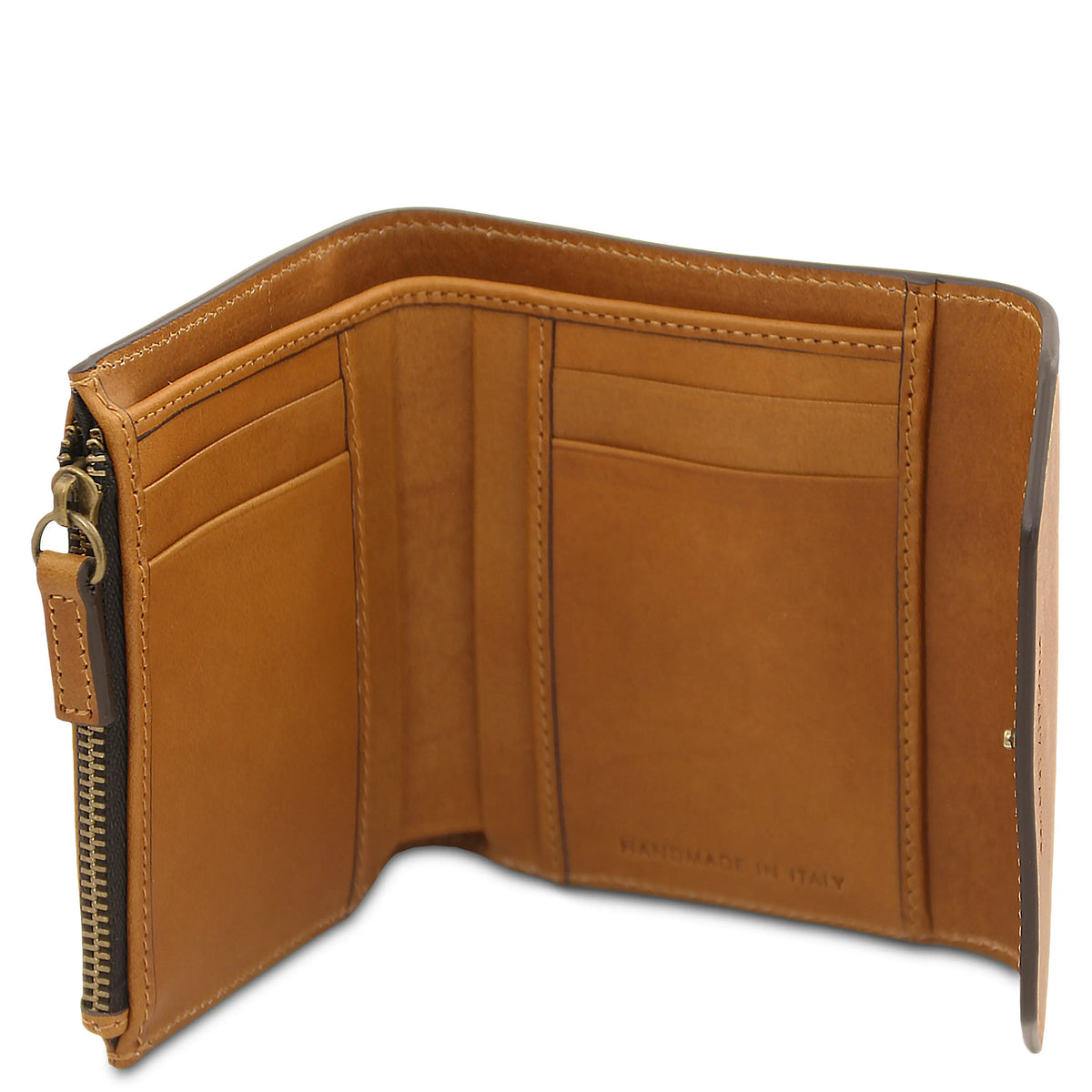 Natural leather wallet with open design on a white background