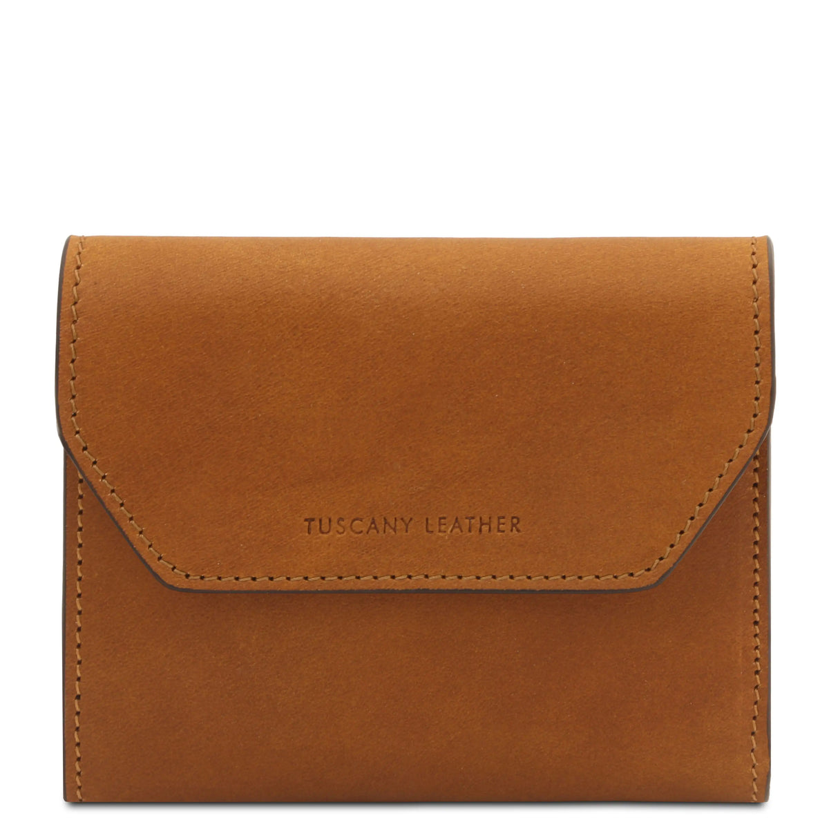 A tan leather wallet with a flap closure, featuring the debossed brand name 'TUSCANY LEATHER' on the front, set against a plain white background.