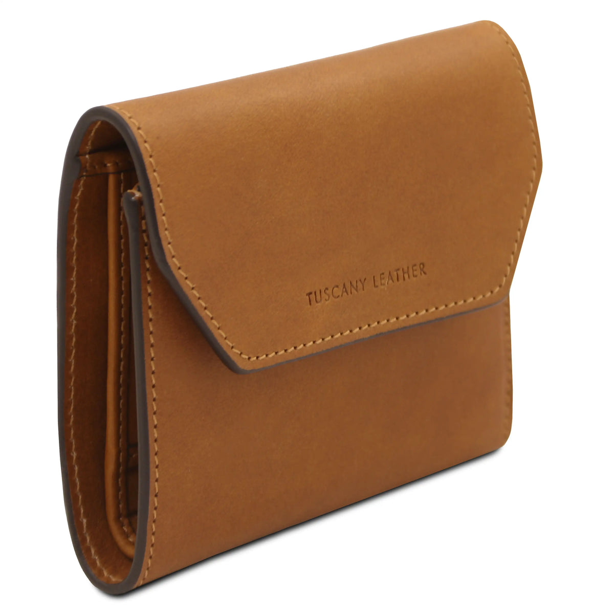 Natural leather wallet with 'Tuscany Leather' branding on a white background