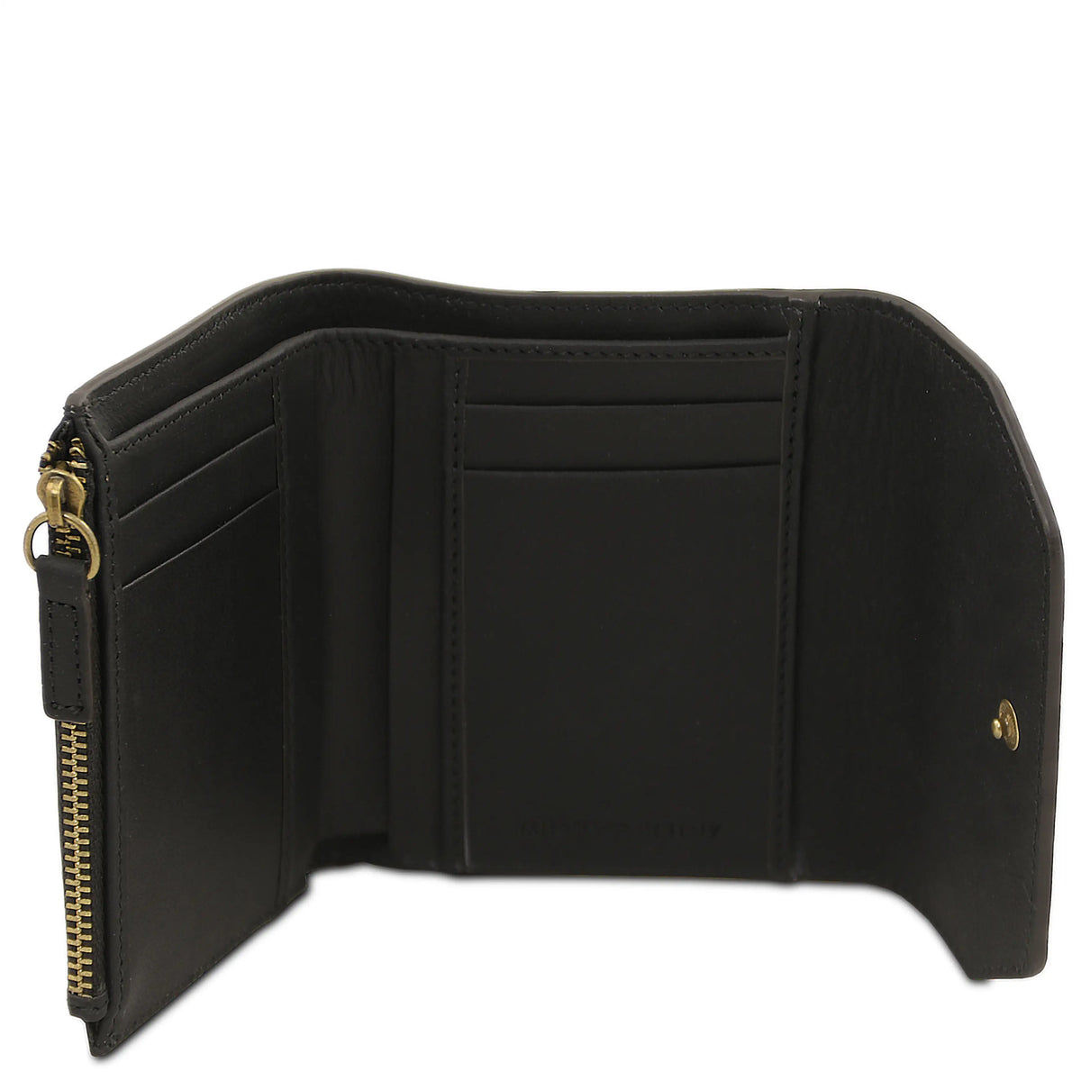 Black wallet with gold zipper on a white background