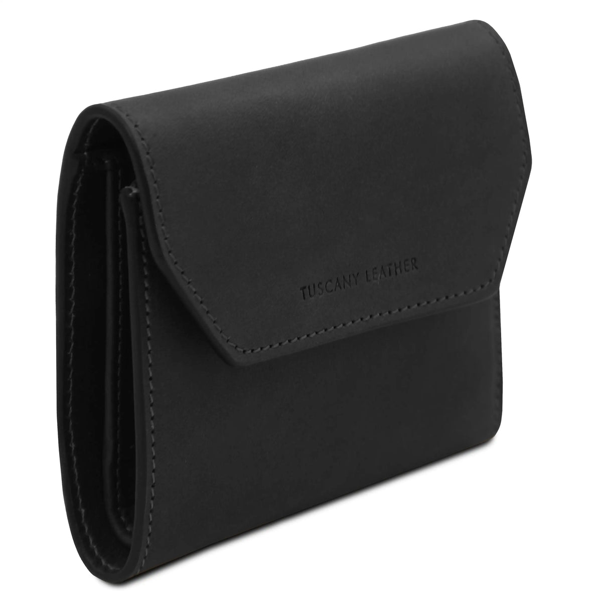 Black leather wallet with 'Tuscany Leather' branding on a white background