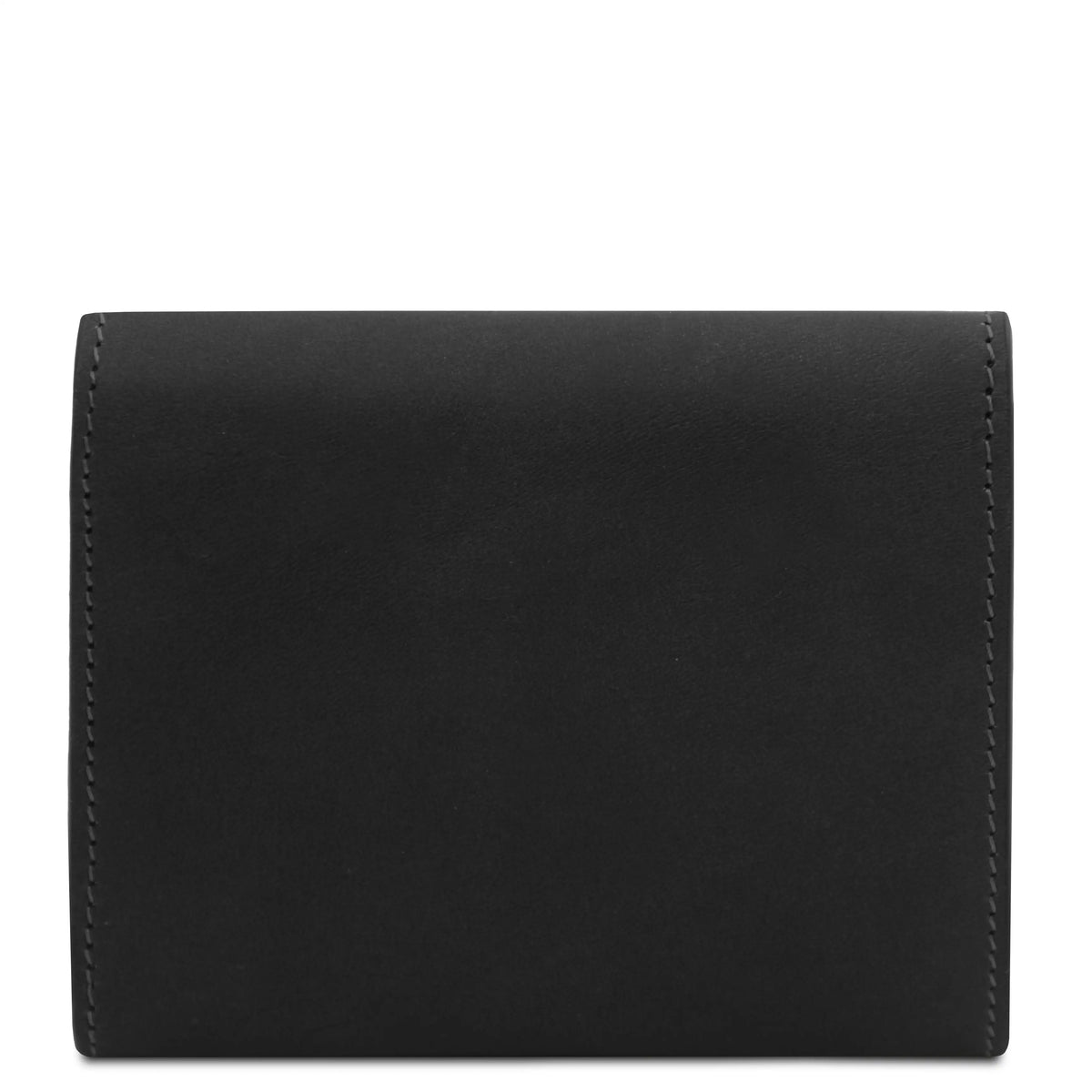 Back view black leather bifold wallet with visible stitching on the edges, shown against a plain white background.
