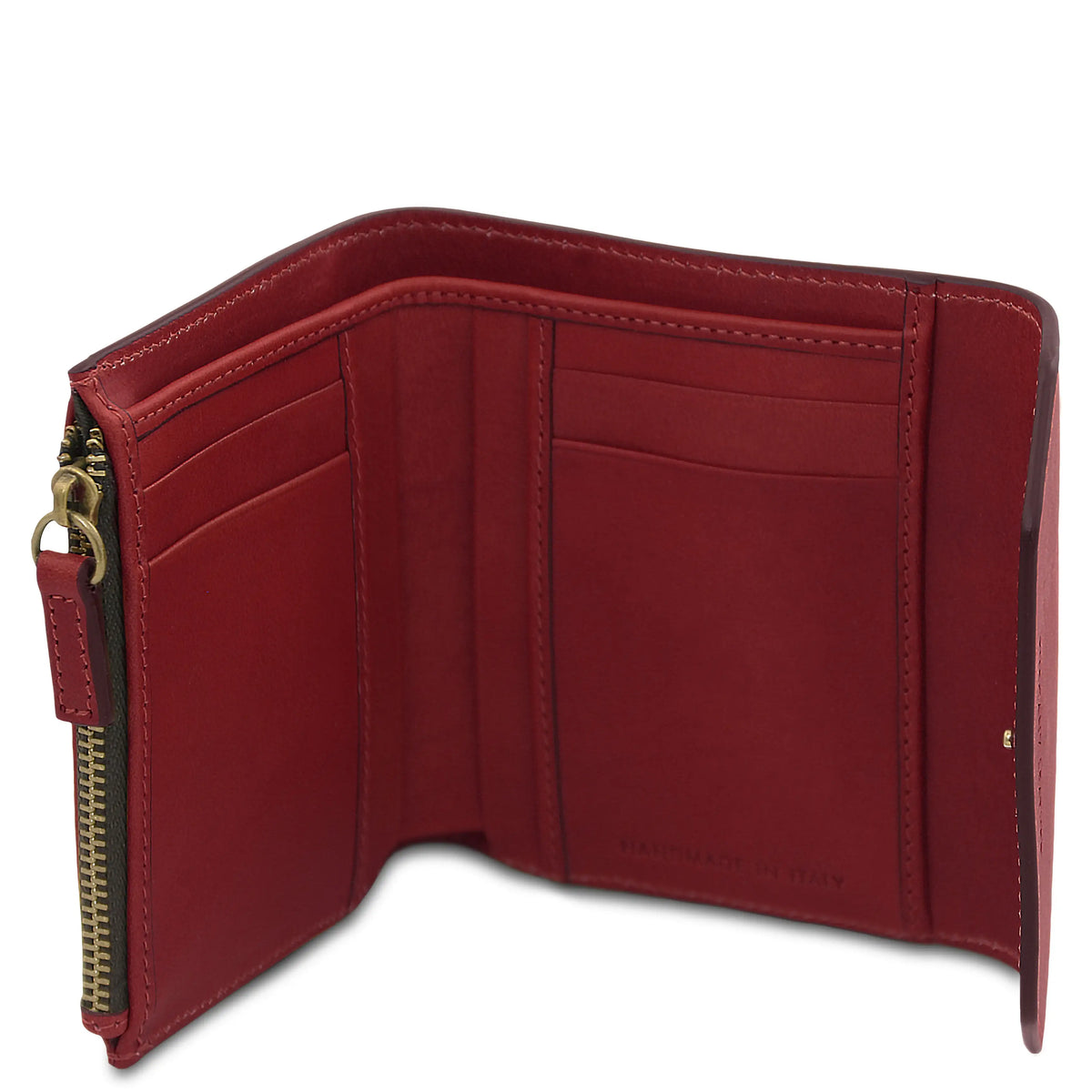 Red leather wallet with a gold zipper on a white background