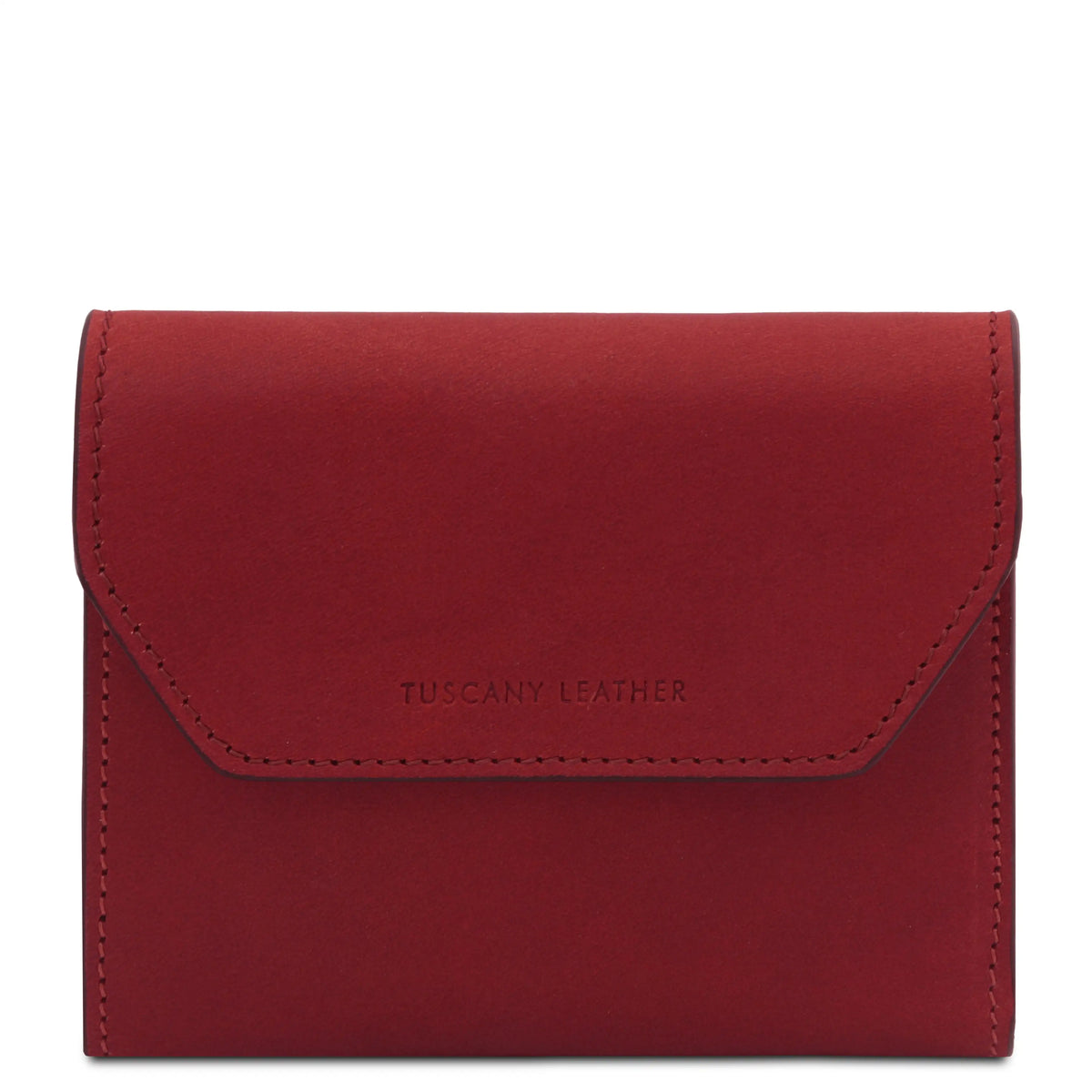 A red leather wallet with a flap closure, featuring the debossed brand name 'TUSCANY LEATHER' on the front, set against a plain white background.