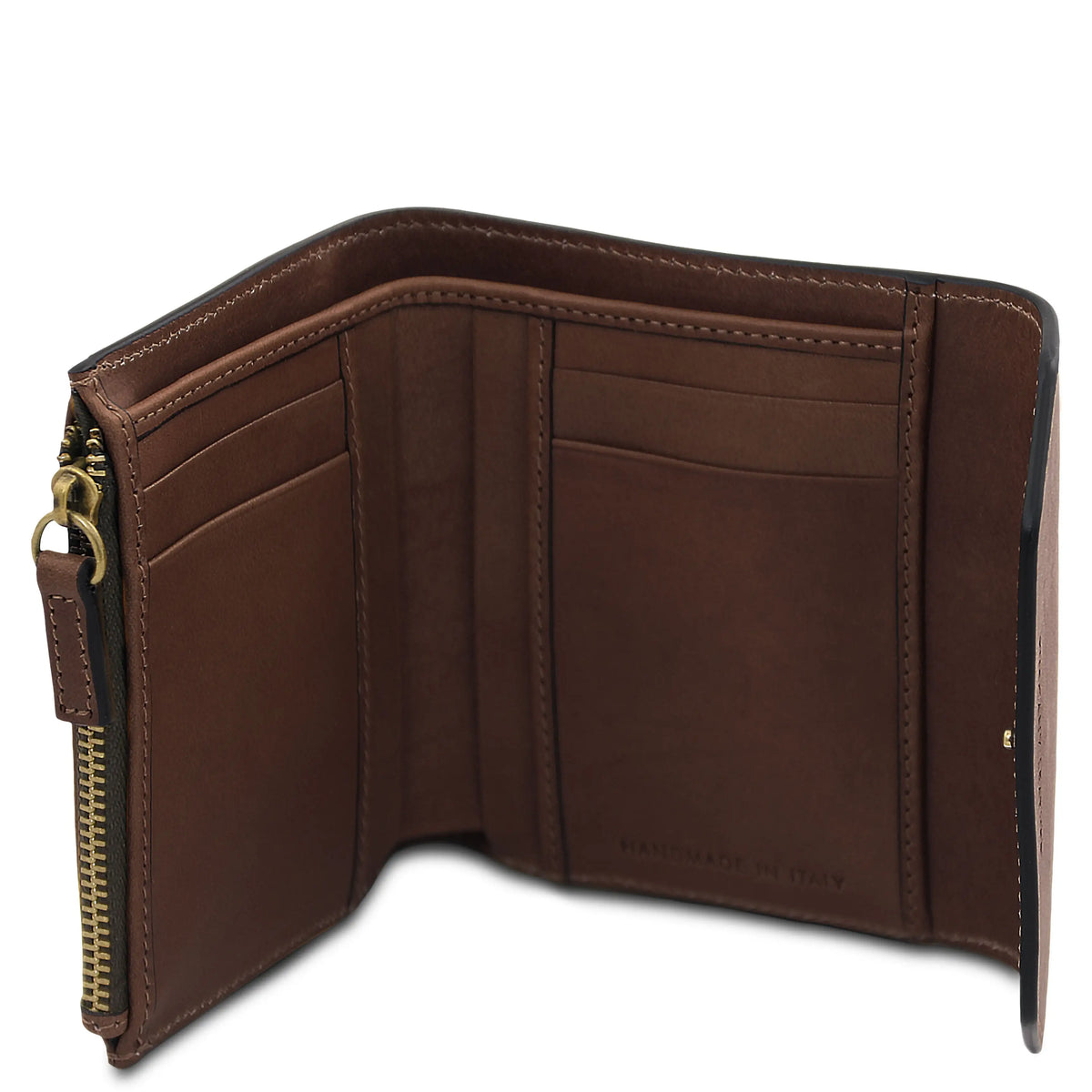 Dark Brown leather wallet with gold zipper on a white background