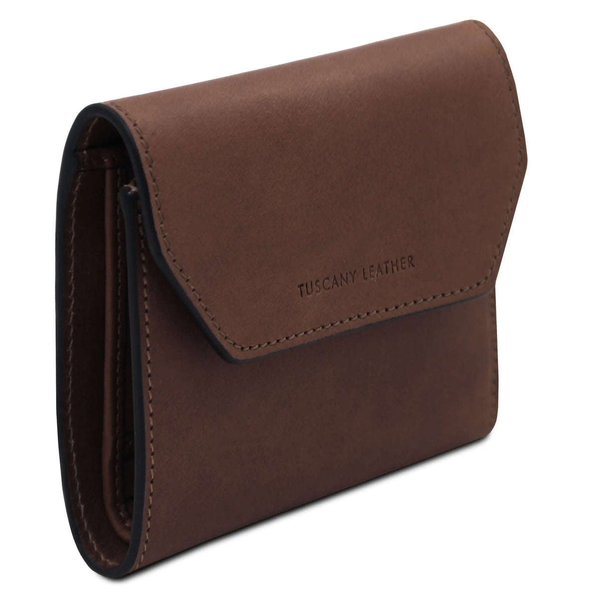 Dark Brown leather wallet with 'Tuscany Leather' branding on a white background