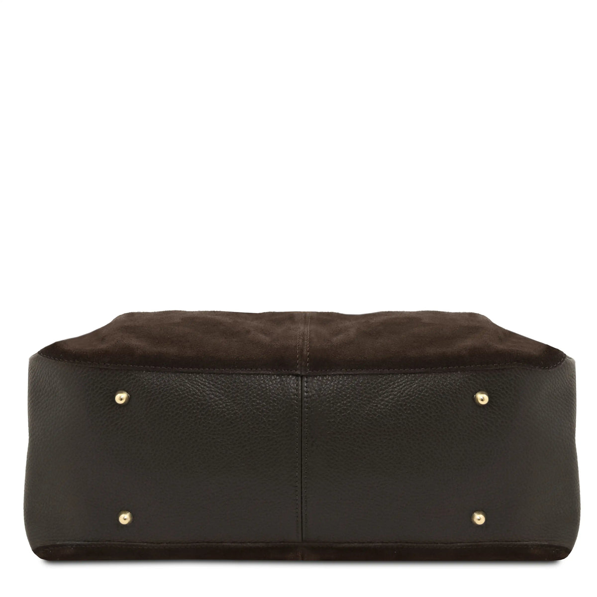 A dark brown leather suede bag with gold-tone metal protective feet at the bottom of the bag.