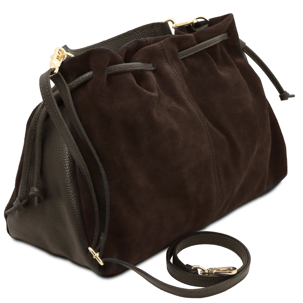 A dark brown suede and leather drawstring handbag with gold-tone hardware and an adjustable shoulder strap, displayed on a clean white background.