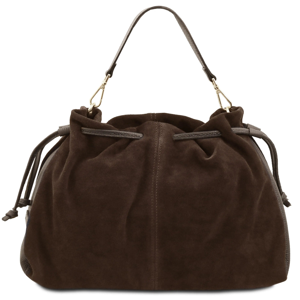 A dark brown suede drawstring bag with a single shoulder strap and gold-tone hardware, shown against a plain white background.