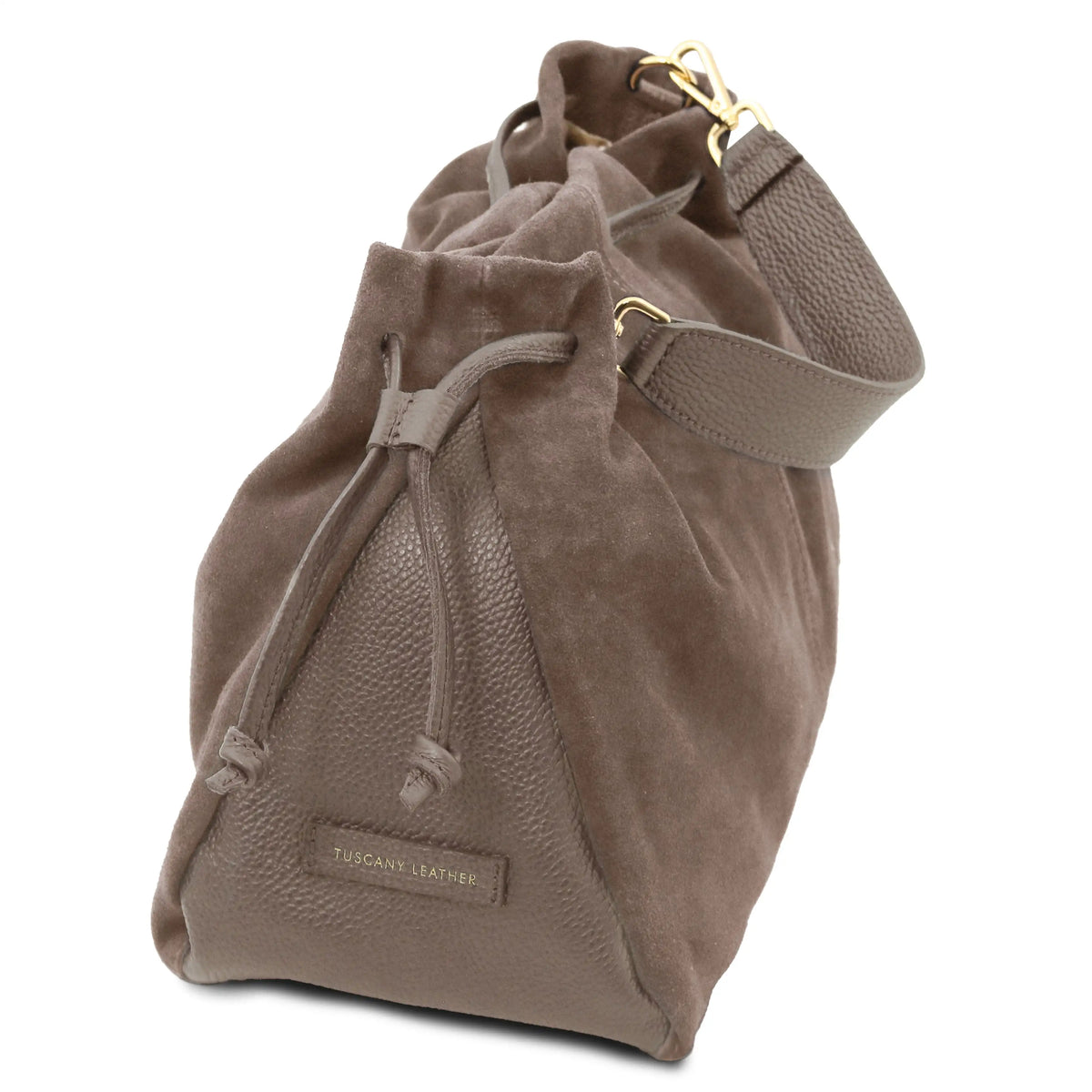 A dark taupe brown pebbled leather drawstring shopper bag with a matching leather shoulder strap and gold-tone hardware, shown on a plain white background.