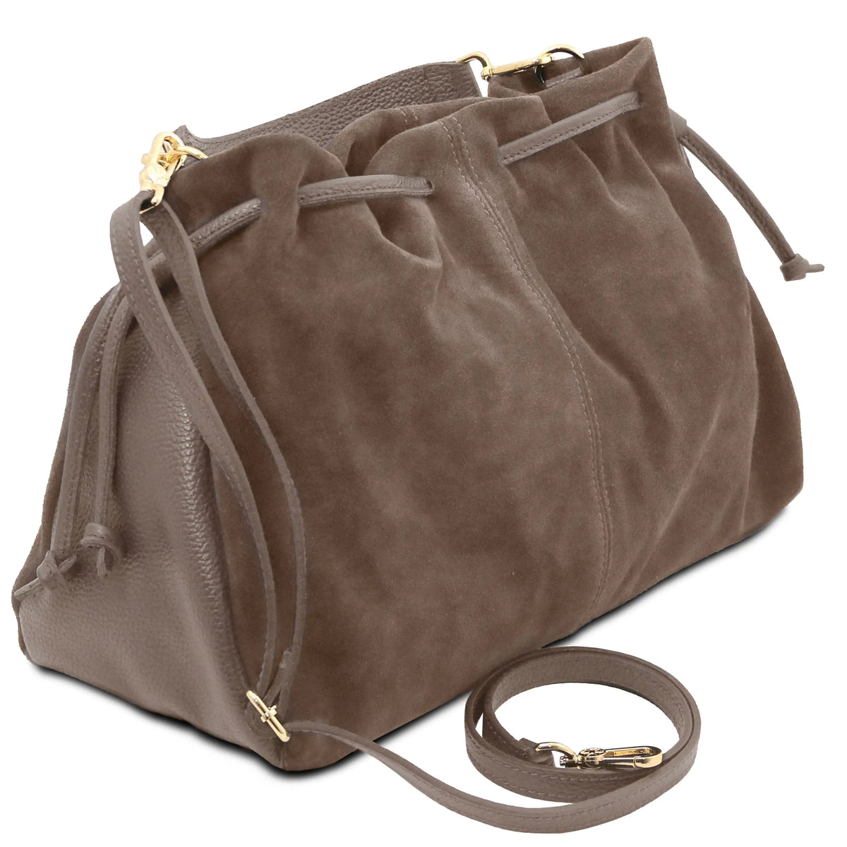 A dark taupe brown suede and pebbled leather drawstring handbag with gold-tone hardware and an adjustable shoulder strap, shown on a white background.
