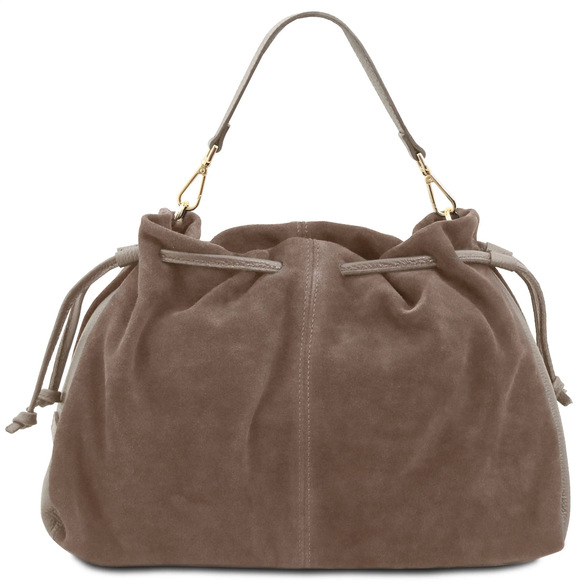 A dark taupe suede bucket bag with a drawstring closure and a single shoulder strap, shown against a plain white background.
