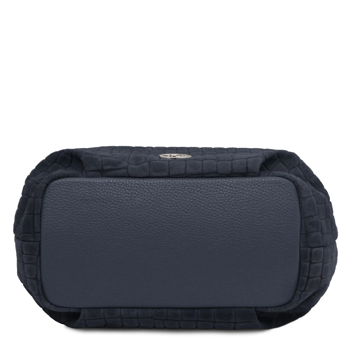 Bottom view of a dark blue croc-print leather bag on a plain white background.