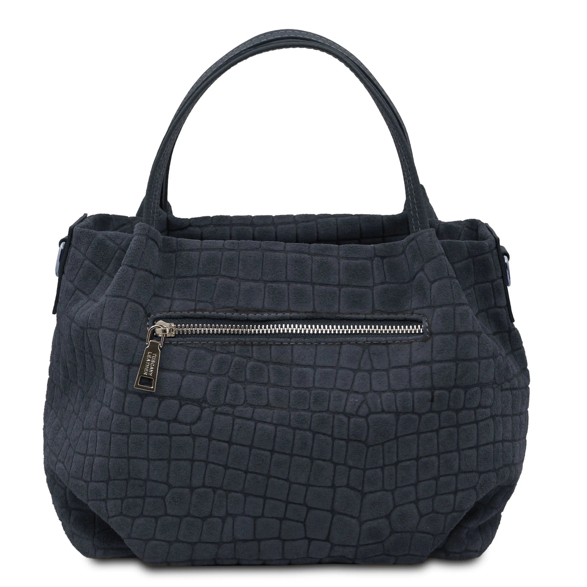 A dark blue crocodile-embossed leather handbag with dual top handles and a back zippered pocket, shown against a plain white background.