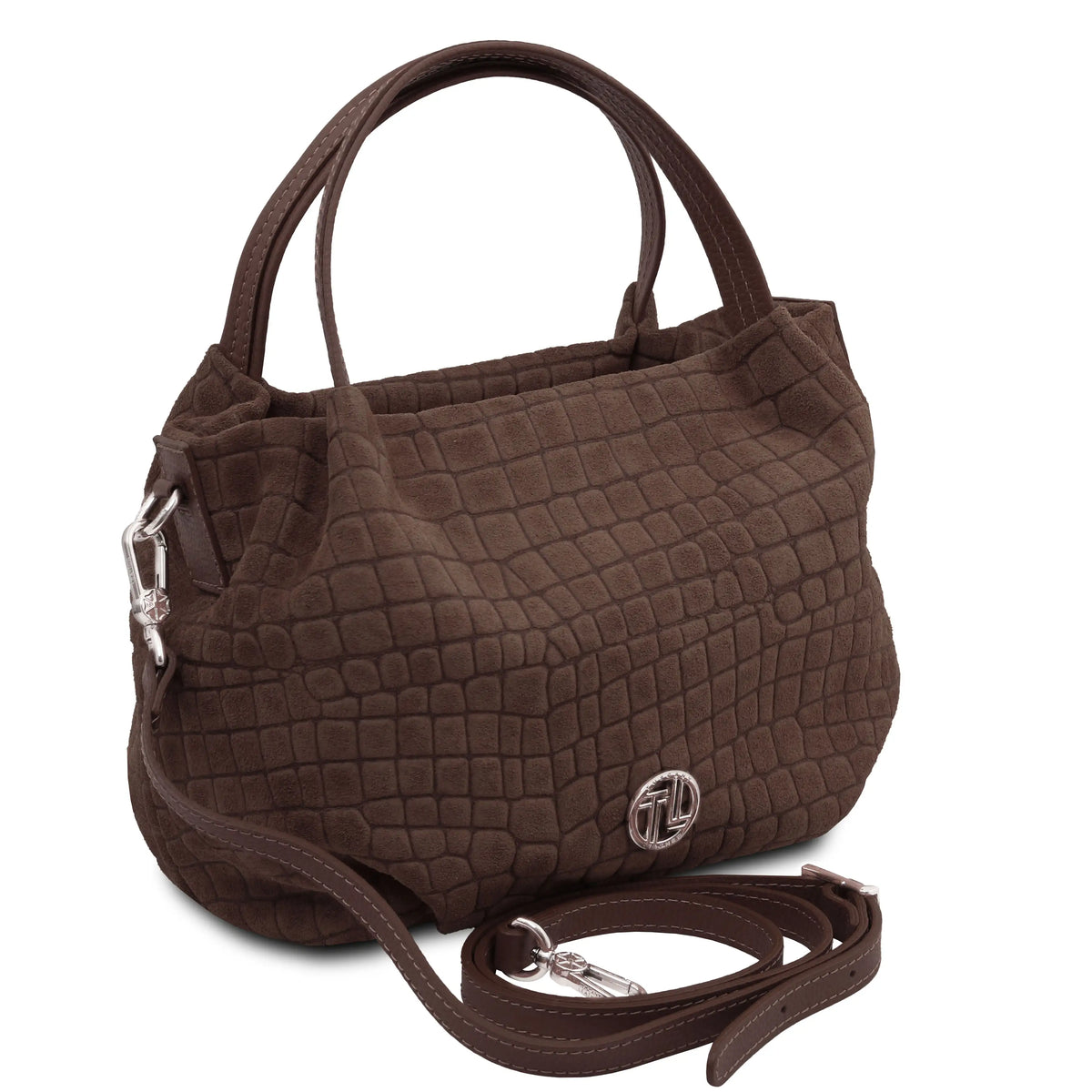 A chocolate textured handbag with a crocodile-embossed pattern, featuring dual top handles, a detachable shoulder strap, and a silver-tone logo emblem on the front.