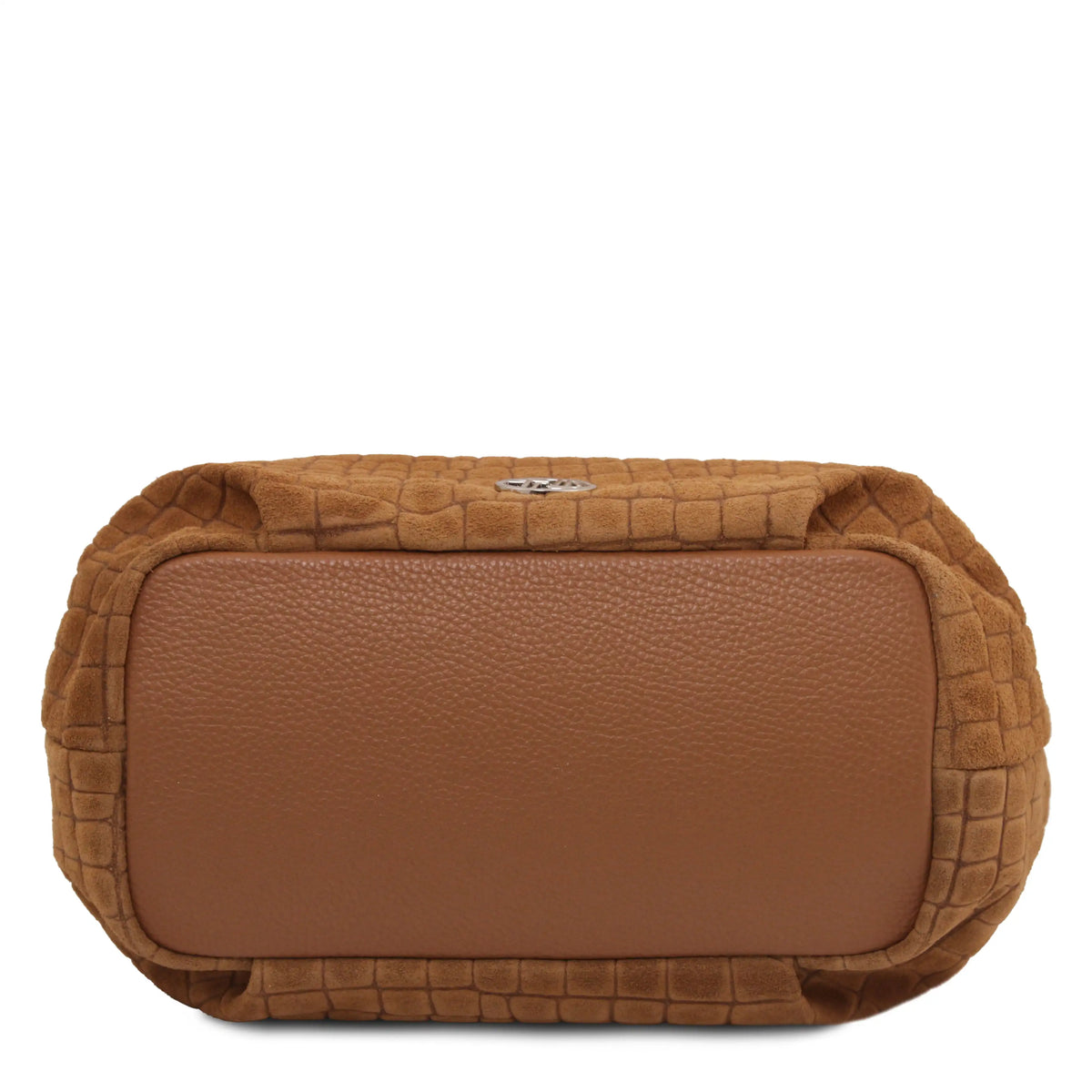 Bottom view of a cognac croc-print leather bag on a plain white background.