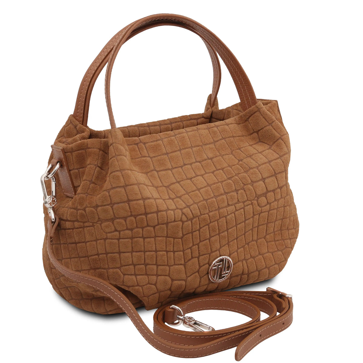 A cognac textured handbag with a crocodile-embossed pattern, featuring dual top handles, a detachable shoulder strap, and a silver-tone logo emblem on the front.