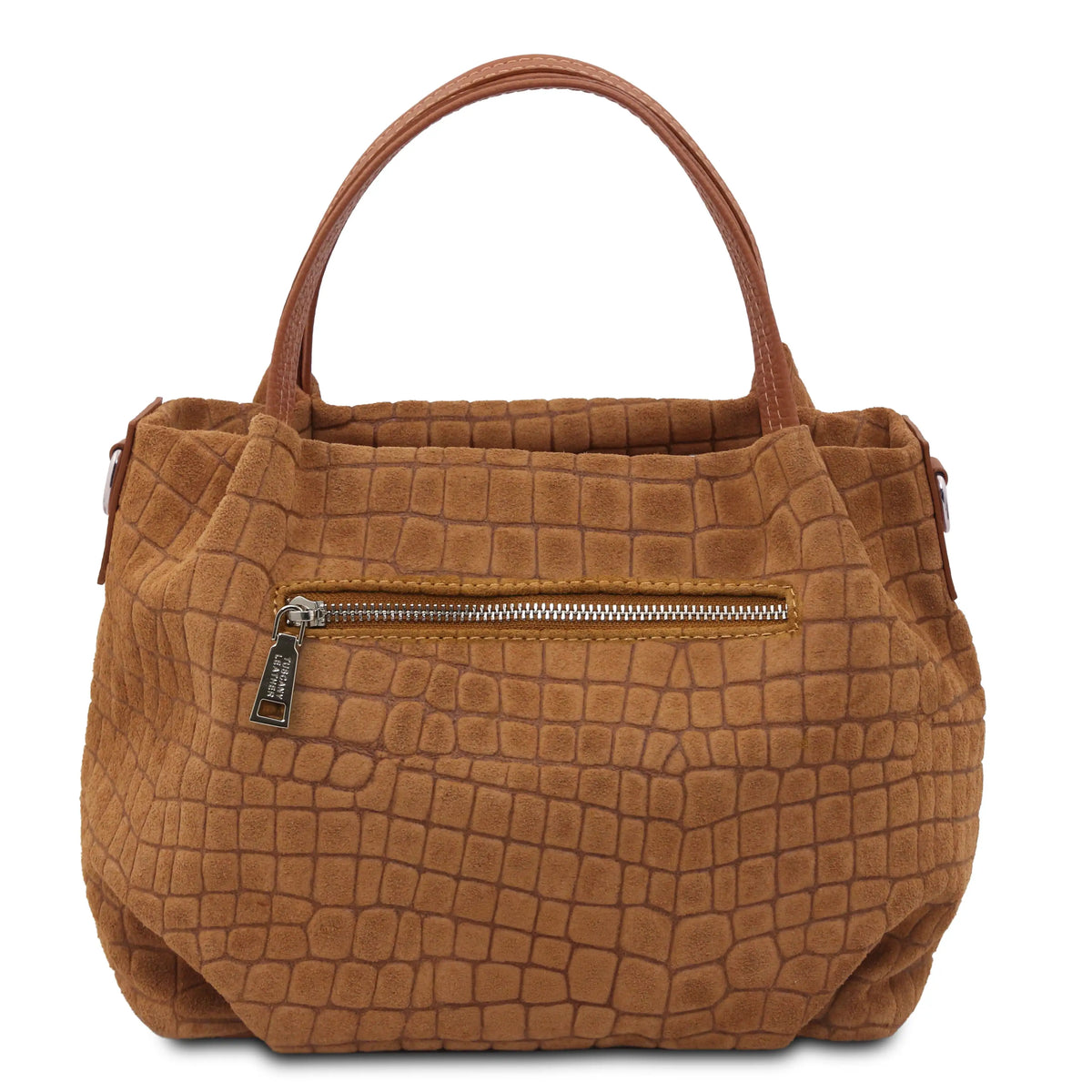 A cognac crocodile-embossed leather handbag with dual top handles and a back zippered pocket, shown against a plain white background.
