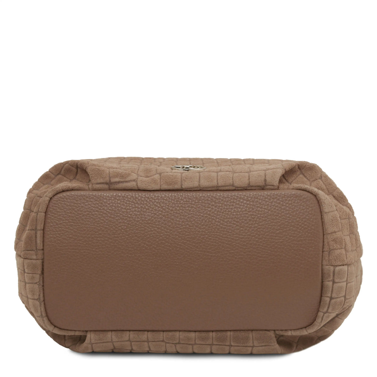Bottom view of a taupe croc-print leather bag on a plain white background.