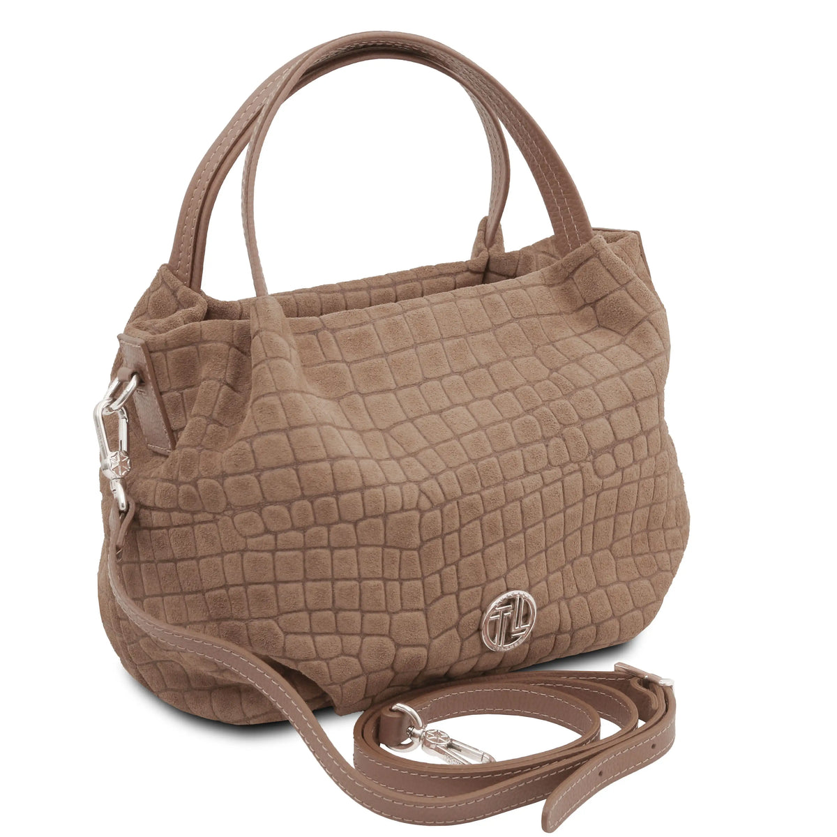A taupe brown embossed crocodile-patterned handbag with dual top handles and a matching detachable shoulder strap, shown on a plain white background.