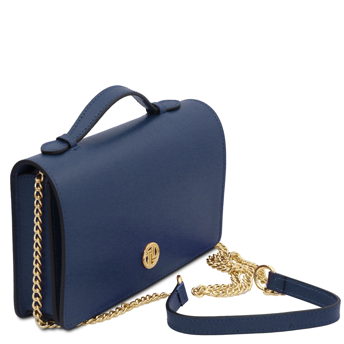 A navy blue leather shoulder bag with a top handle, gold chain strap, and a gold circular logo clasp on a white background.