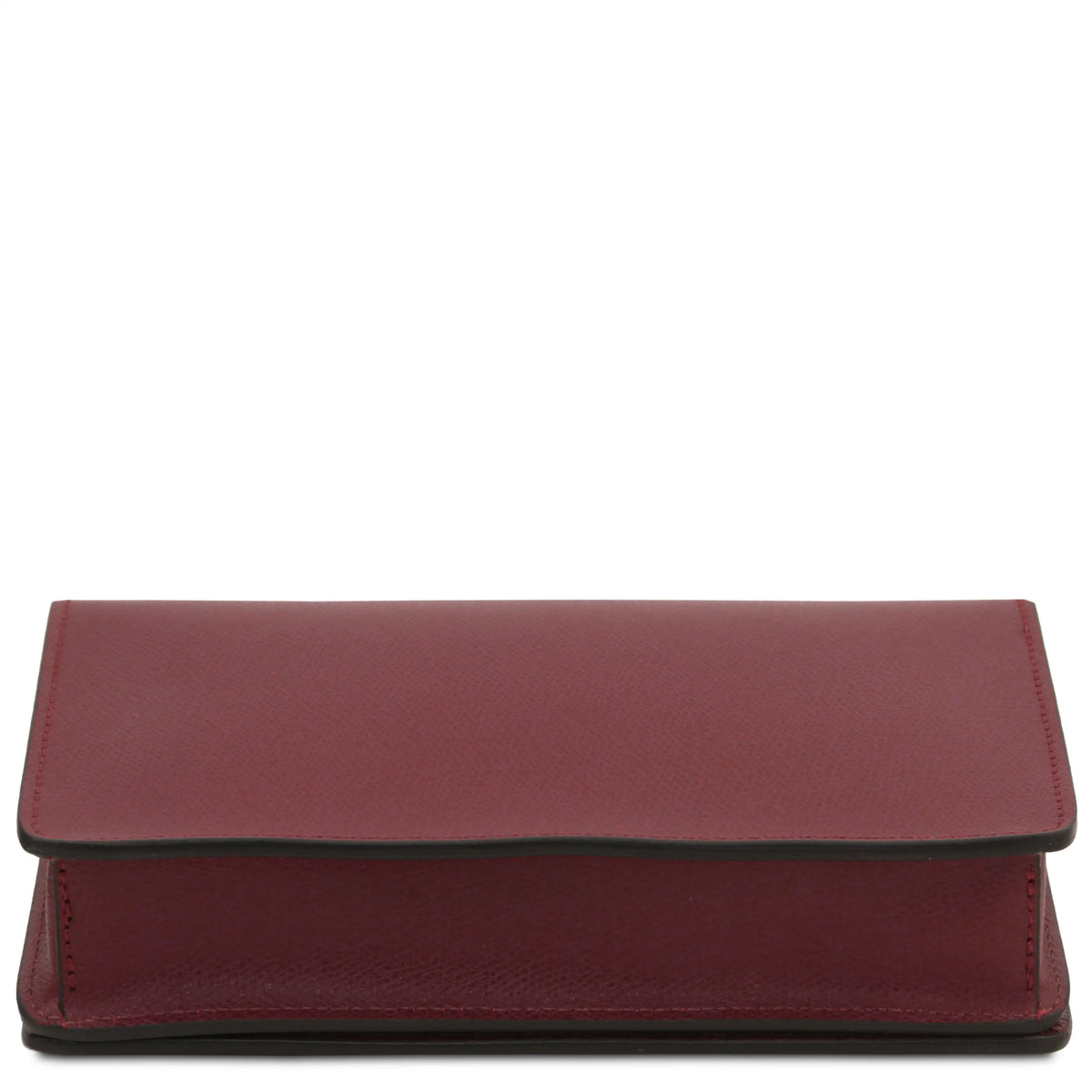 Bottom view bordeaux leather clutch bag with against a plain white background.